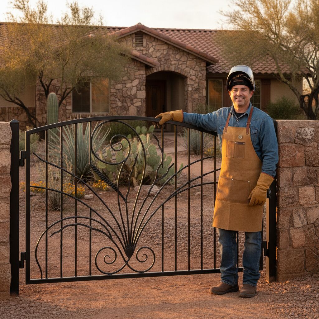 Custom decorative iron gate on a residential property in San Tan Valley, Arizona